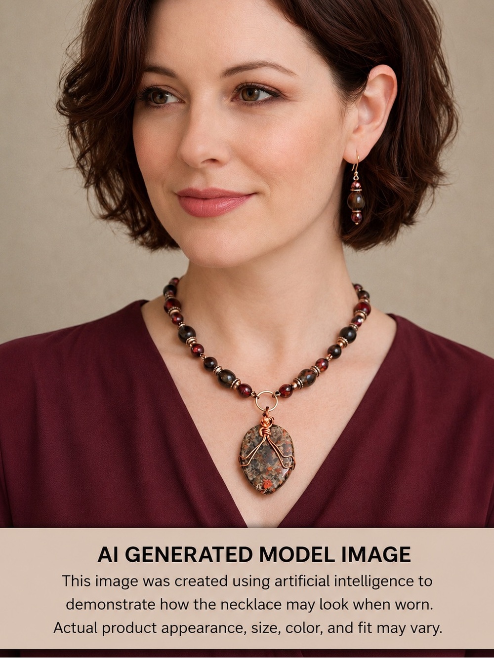 Red Poppy Jasper 20" Necklace & Earrings 2" teardrop cabochon copper wire